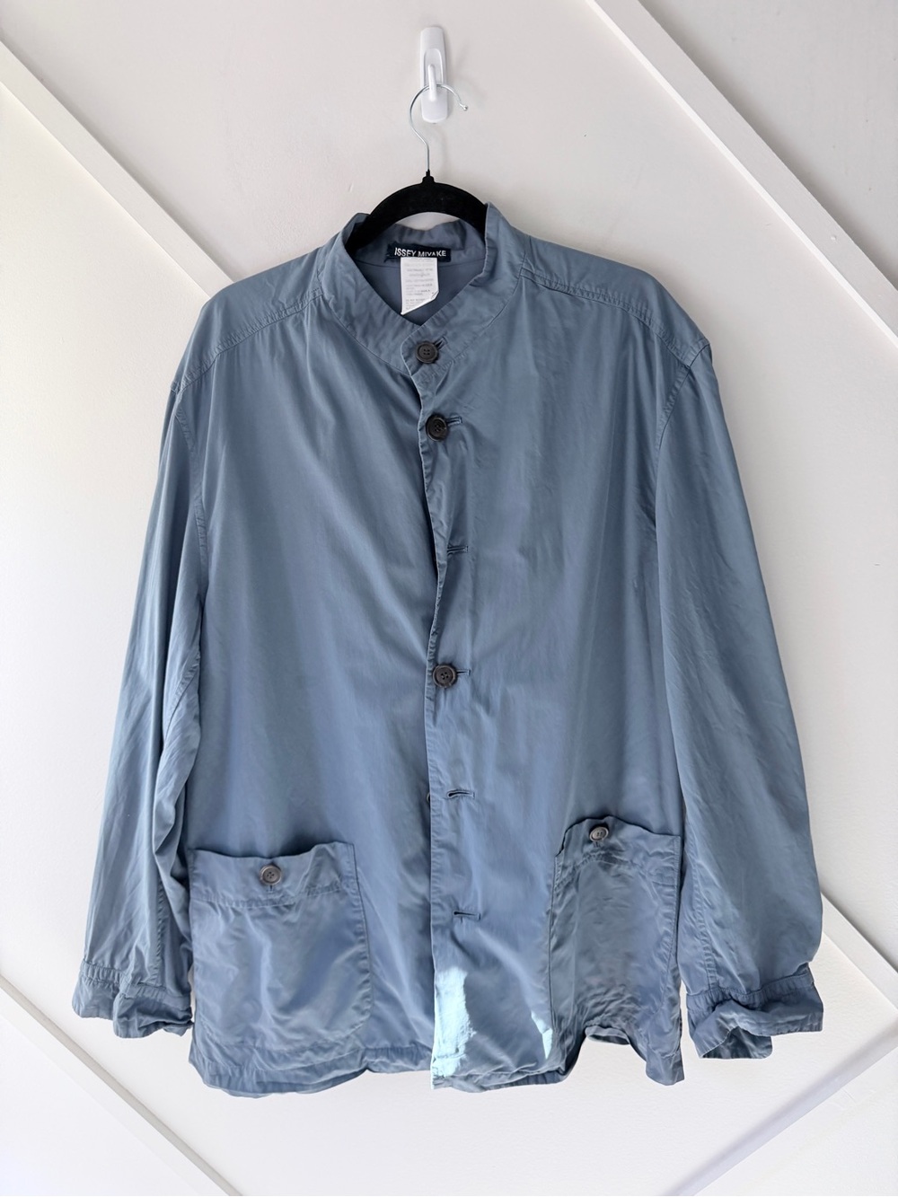 Vintage ISSEY MIYAKE Cotton Jacket Steel Blue Mandarin Collar Japan AS-IS M